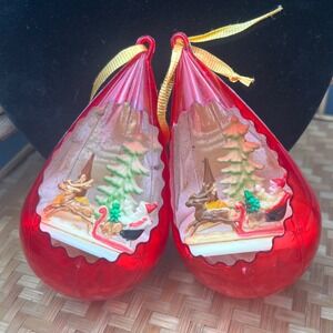 Vintage Christmas Jewel Brite Diorama Santa Sleigh Ornaments Set 2 Teardrop